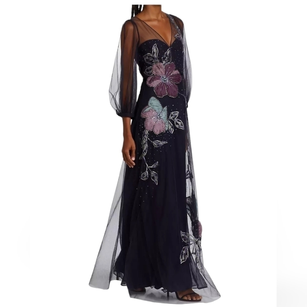 NWT Marchesa Notte Sheer Puff Sleeve Gown – Wedding Guest / Black Tie Formal - Picture 2 of 11